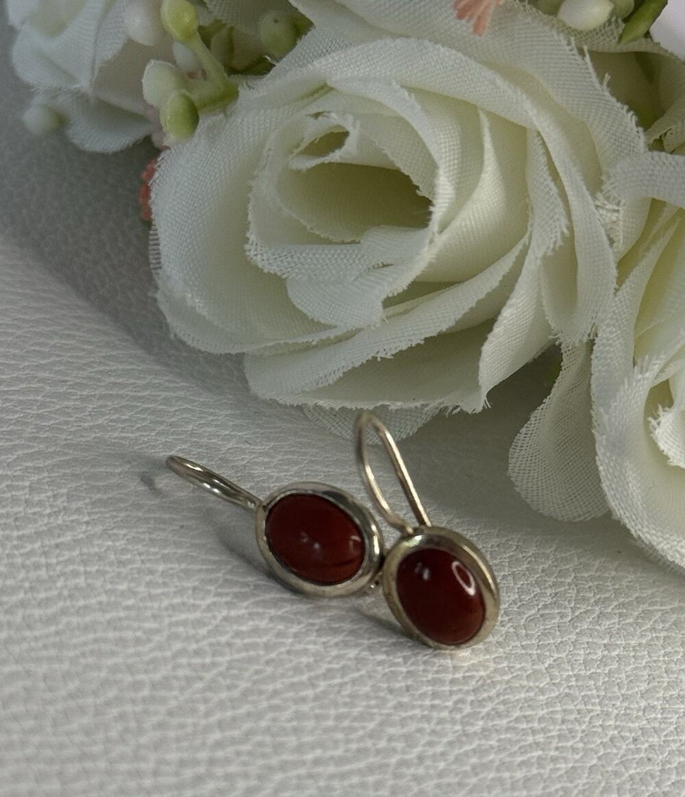 925 Sterling Silver Carnelian Earrings Length 0.70 Inch